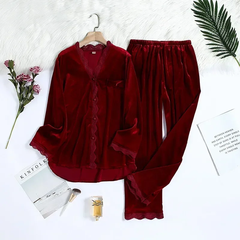 V-Neck Homewear Velvet Sexy Long 2Pcs Winter Warm Gold Pajamas Lace Pyjama For Autumn Women Pijamas New Set Pant