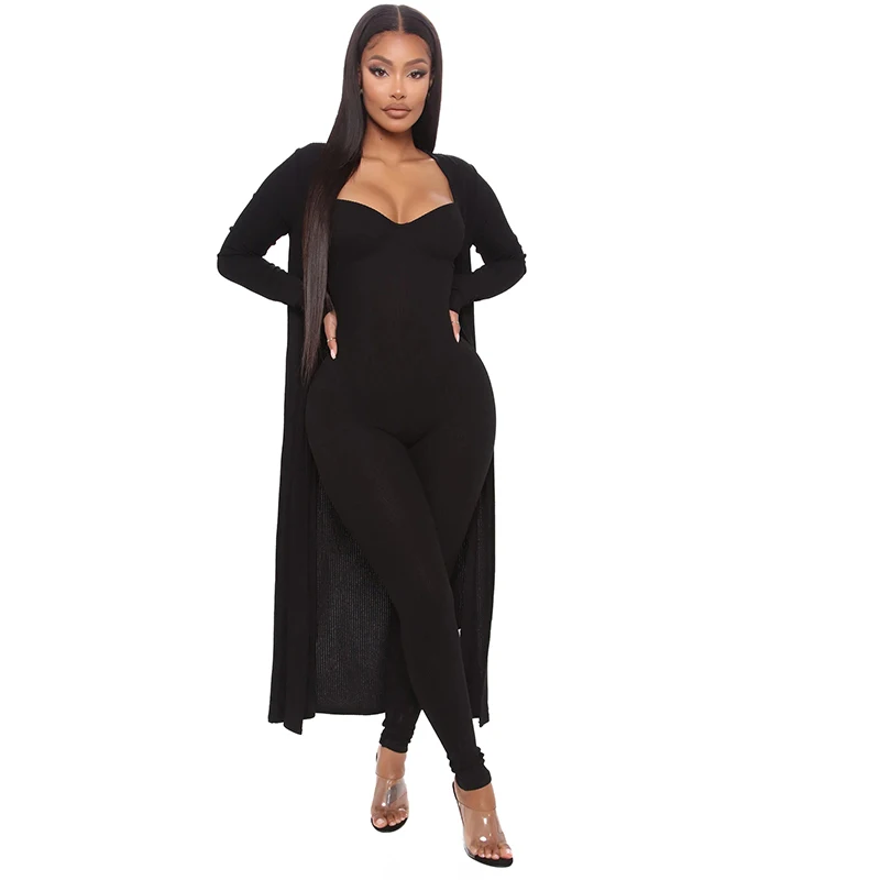 Herfst Winter Dames 2-delige Set Spaghettibandjes Mouwloze Jumpsuit En Casual Losse Vest Eenvoudige Mode Streetwear