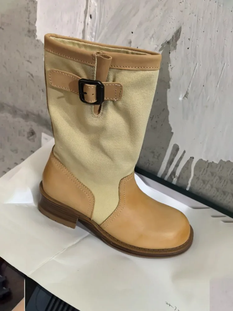 Winter Vintage Women Comfortable Round Toe Cow Leather Patchwork Canvas Wear Resistant Casual Fashion Lady Mid Heel Ankle Boots