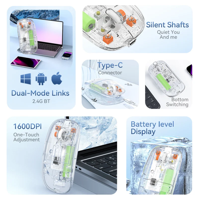 Gaming Mouse Transparent Double Mode 2.4G Bluetooth Wireless Computer Mice for Huawei Laptop PC Mac Silient Mice Rechargeable