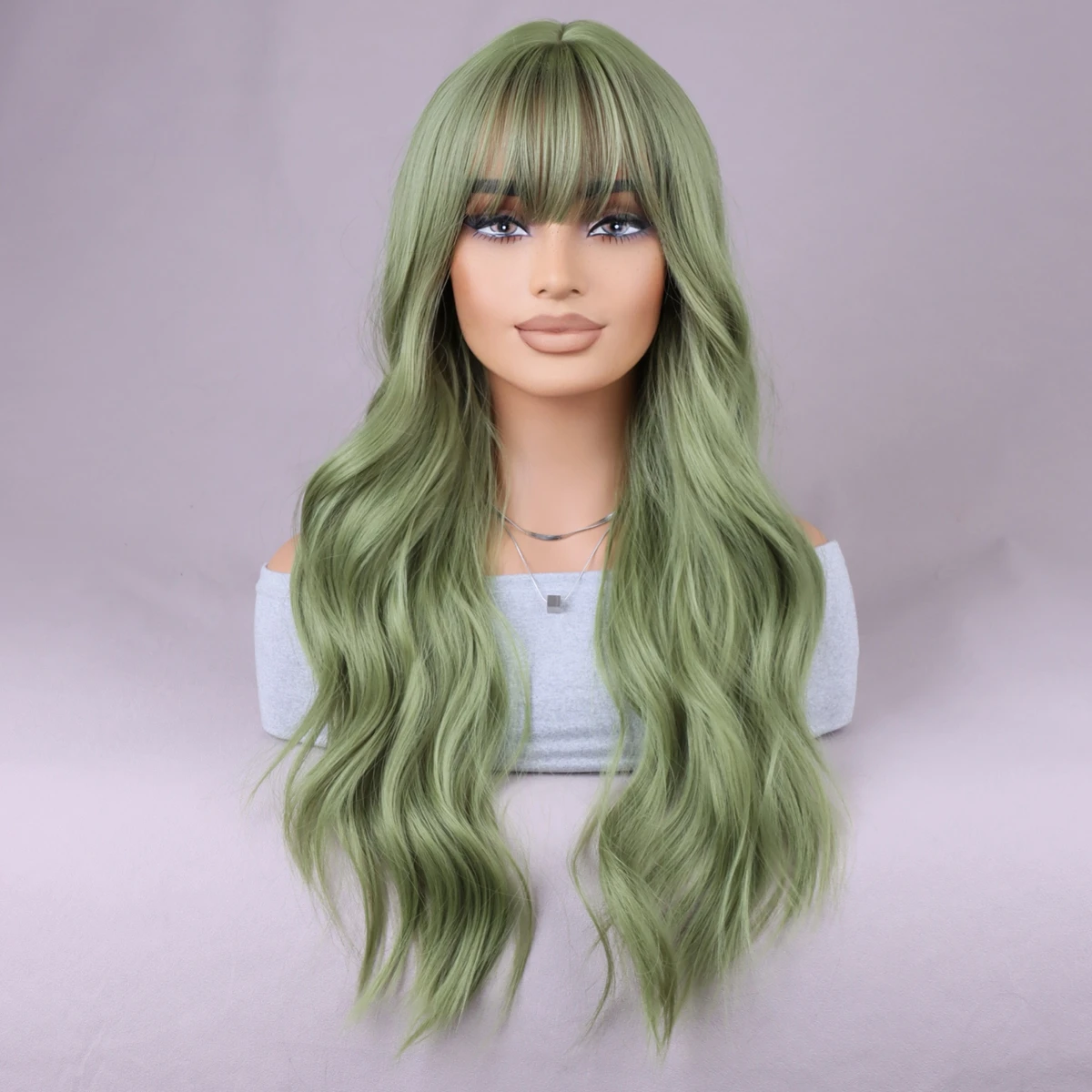 

Grass green wavy Fringe Natural synthetic heat resistant fiber everyday party Wigs