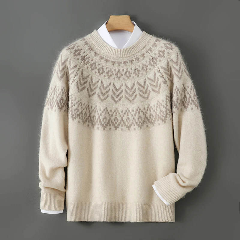 Winter 100% Pure Wool Men's Round Neck Color Matching Pullover Jacquard Casual Loose Padded Knit Bottoming Shirt