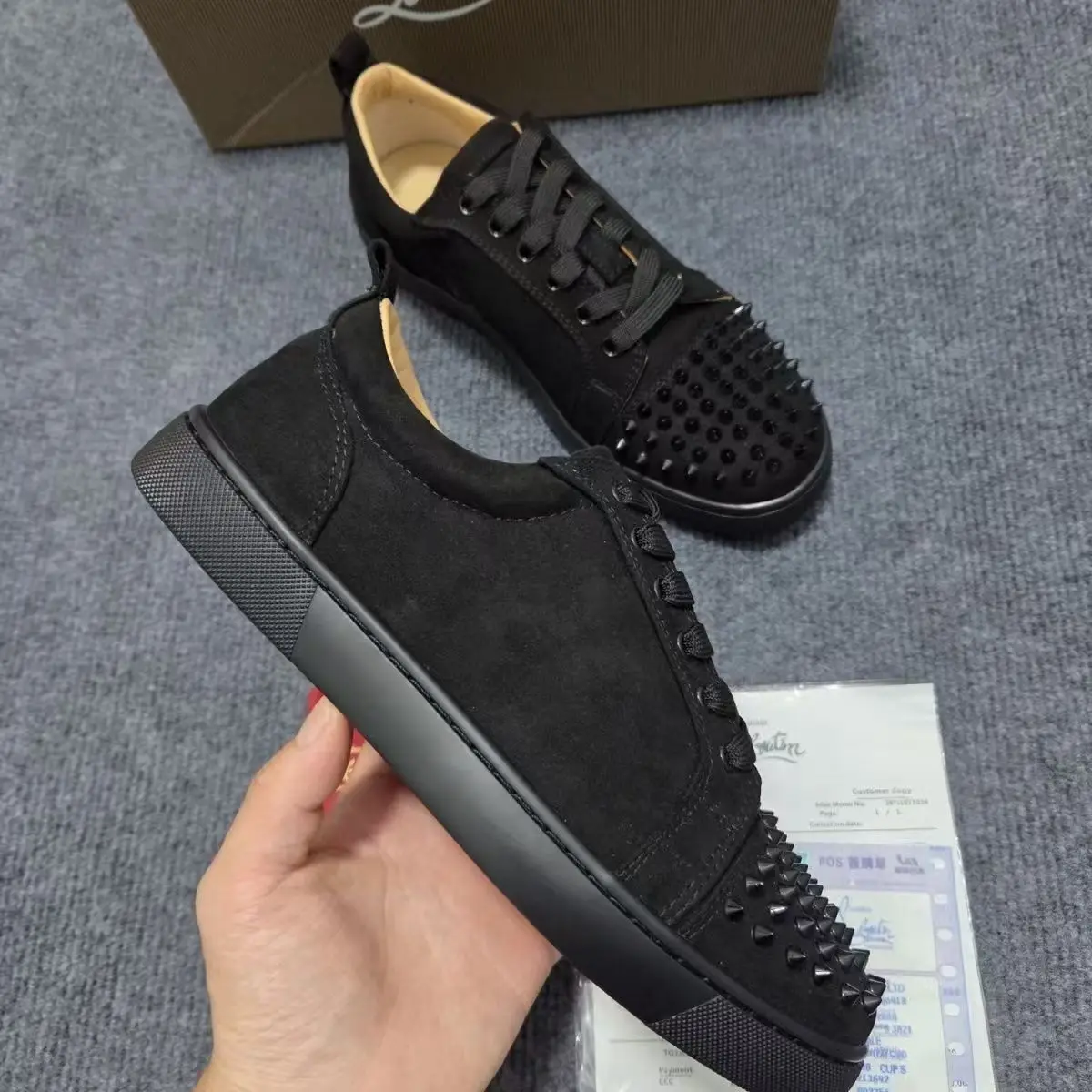 Big Size 38‑46 Men Spiked Rivet Sneakers Real Suede Leather Red Sole Casual Lace‑Up Flat Shoes Male Street Party Fashion