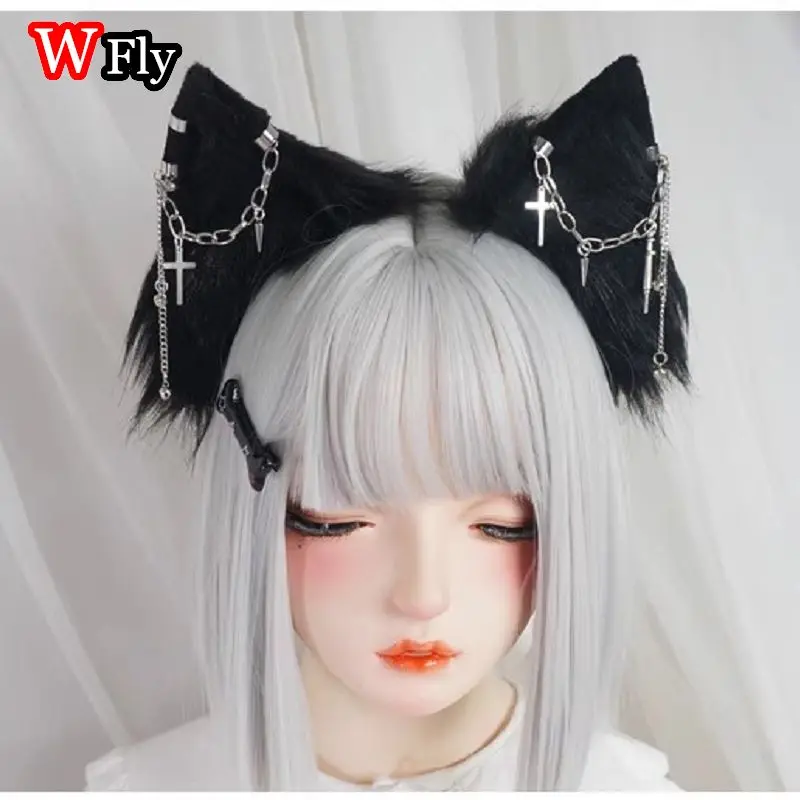 Womens Harajuku Steampunk fascia Y2K Lolita Halloween copricapo accessori per capelli catena Cosplay orecchio peloso ragazze fasce per capelli gotiche