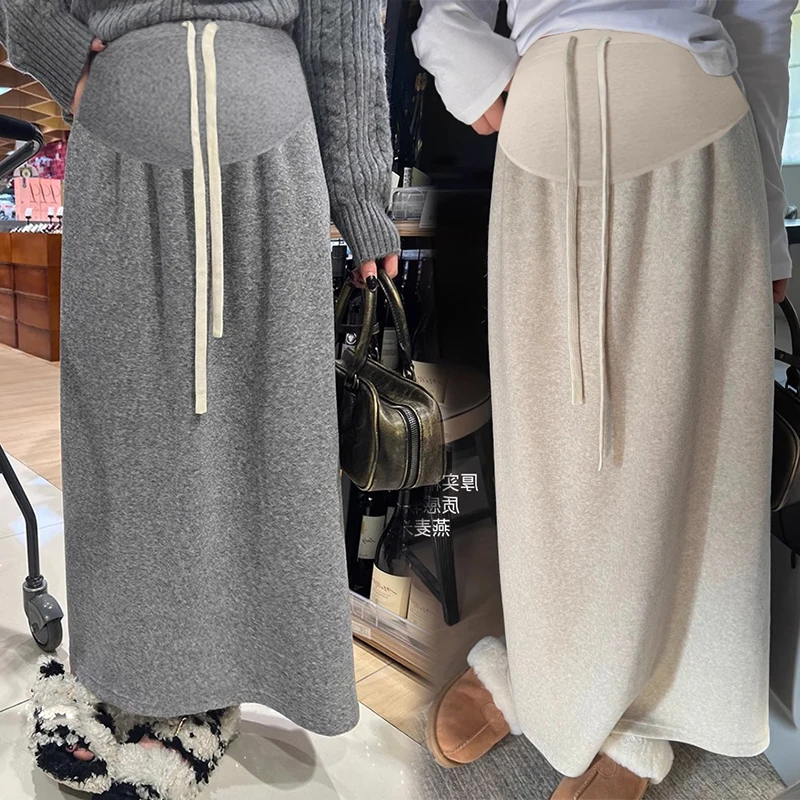 Korean Style Winter Long Loose Maternity Thick Warm Straight Skirts Drawstring Waist Pregnant Woman Long Woolen Skirt Back Split