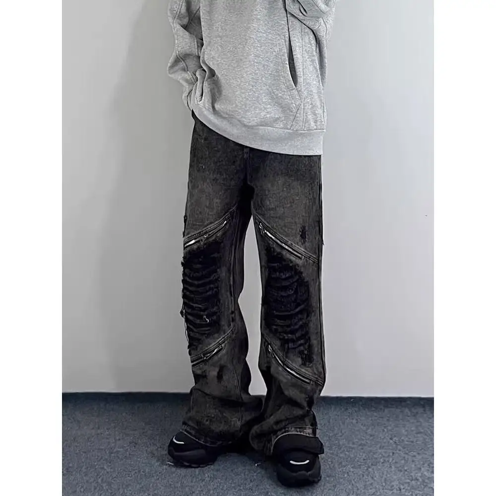 Men's Zipper Hole Splicing Retro Wide Leg Hiphop Jeans Casual Pants Male Bottom Cool Boy High Waist Denim Y2k Trousers