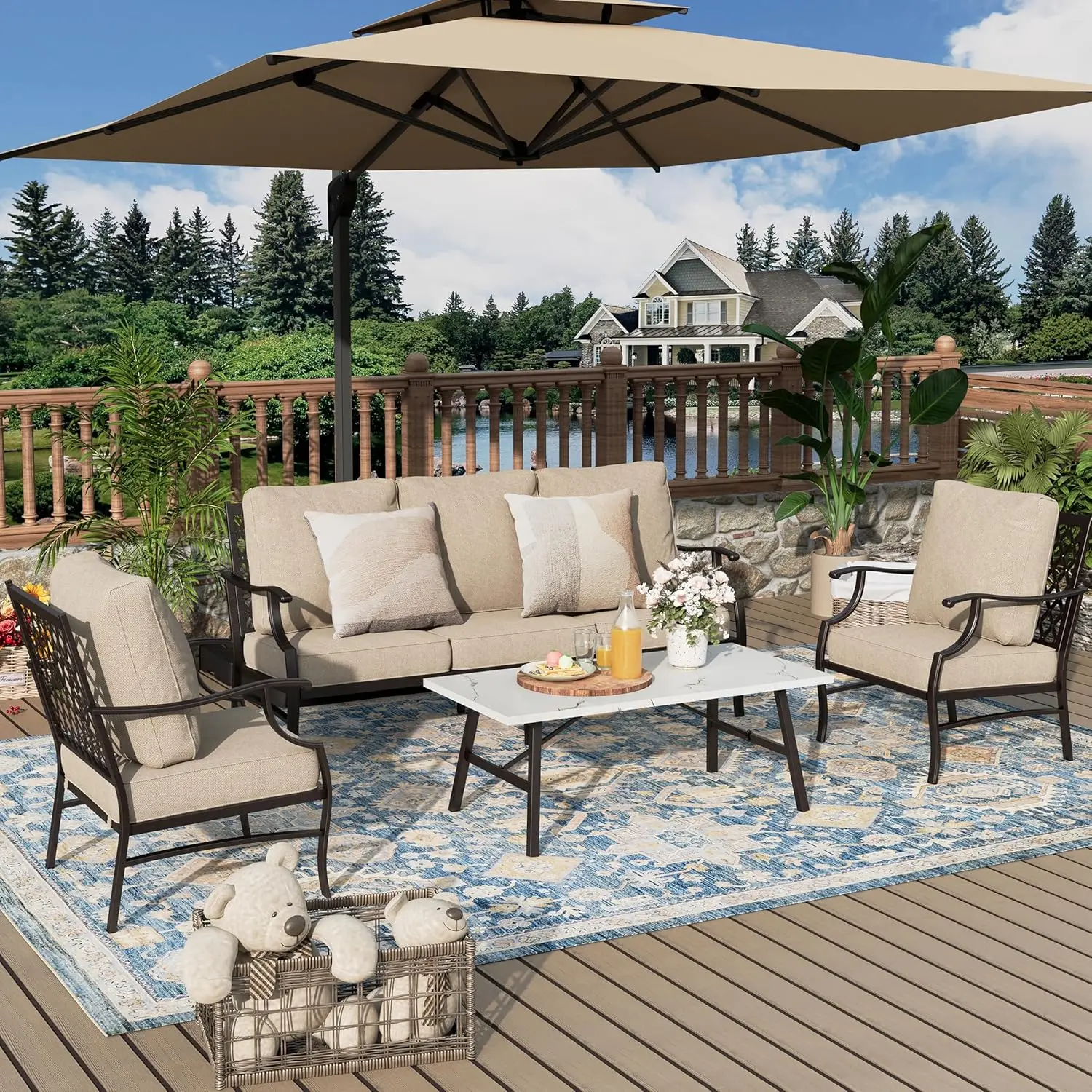 

Patio Furniture Set 4 pcs, Metal Outdoor Patio Furniture, 3-Seat Sofa, 2 Single Chairs, Metal Coffee Table and 5.75" Extra Thick