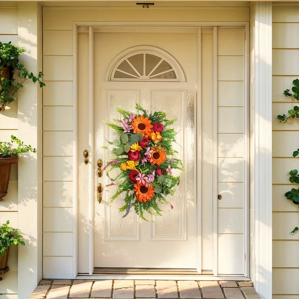 

Spring Swag Sunflower Wreaths for Front Door, 17.7'' Artificial Spring Summer Door Wreaths with Wildflowers Leaf,