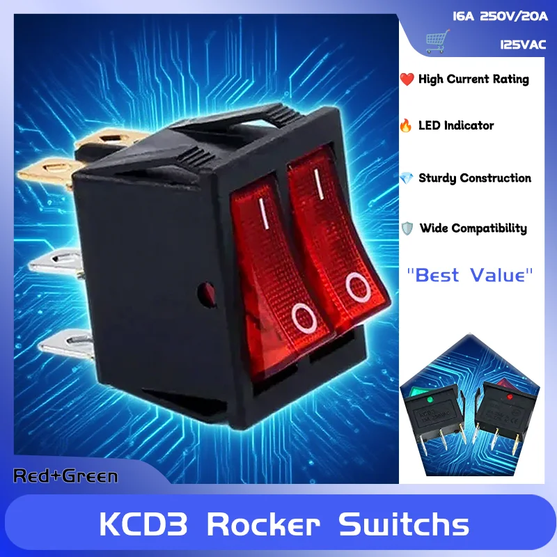 

KCD3 Series Rocker Switch With LED ON-OFF ON-OFF-ON 16A 250V/20A 125VAC Push Button Electrical equipment Power Switches 1~100pcs