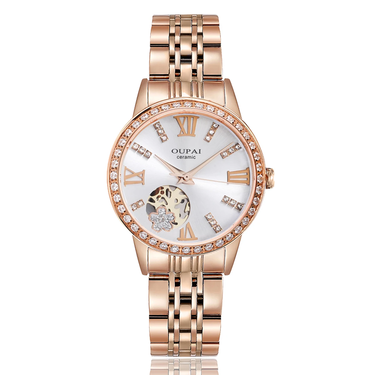 Oupai ラウンドダイヤル レディース ステンレススチールストラップ ローズゴールド 夜光針 クォーツムーブメント ファッション性と洗練さ