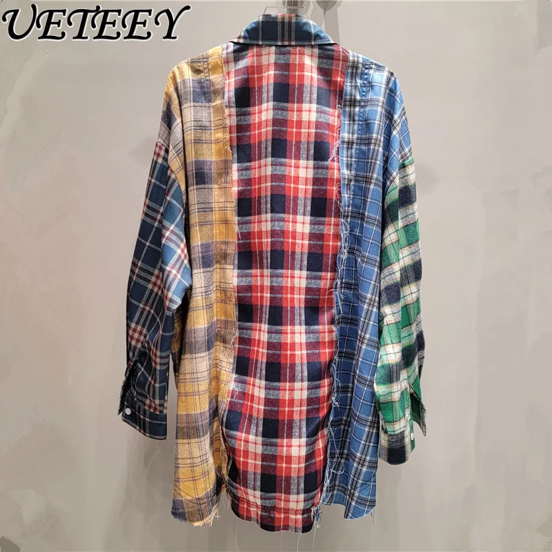 Hong Kong Style Retro Loose Casual Plaid Shirt Women's 2024 Autumn American Splicing Contrasting Color Design Hot Girl Top