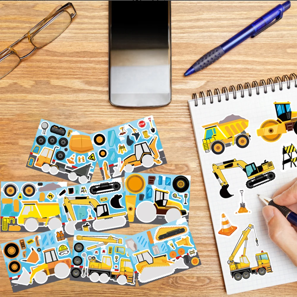 8/16 시트 엔지니어링 차량 퍼즐 스티커 트럭 얼굴 만들기 어린이 DIY 조립 퍼즐 데칼 재미 있은 장난감 파티 게임 선물