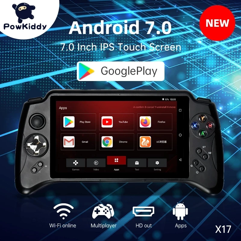 

Powkiddy новый продукт x17 Android портативная 7-дюймовая большая портативная игровая консоль PSP DC/ONS/NGPMD аркадная