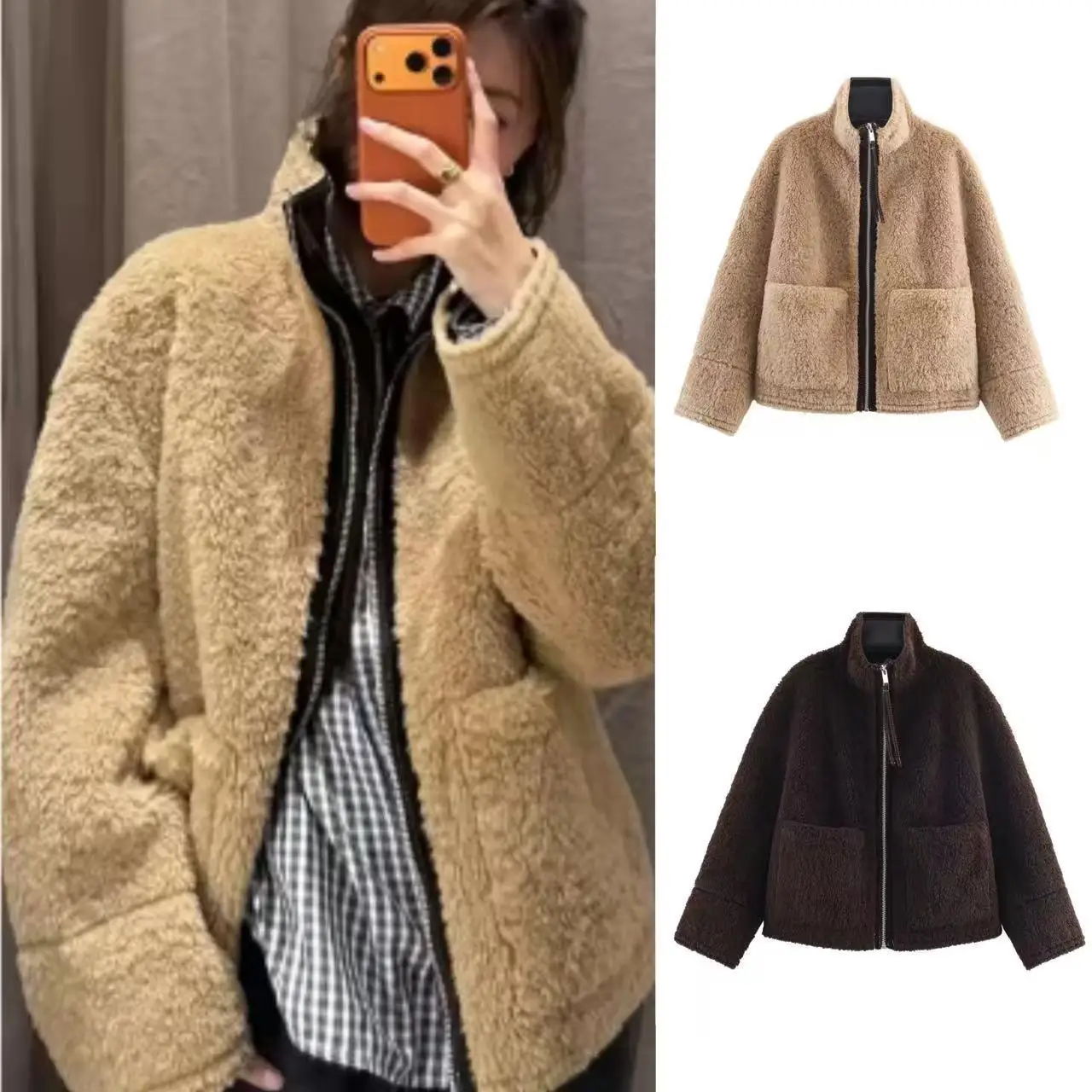 

High Collar Long Sve Women's Jaet with ket Leather And Fur Inteated Cross-Border Sle Versatile Faionable Cotton...