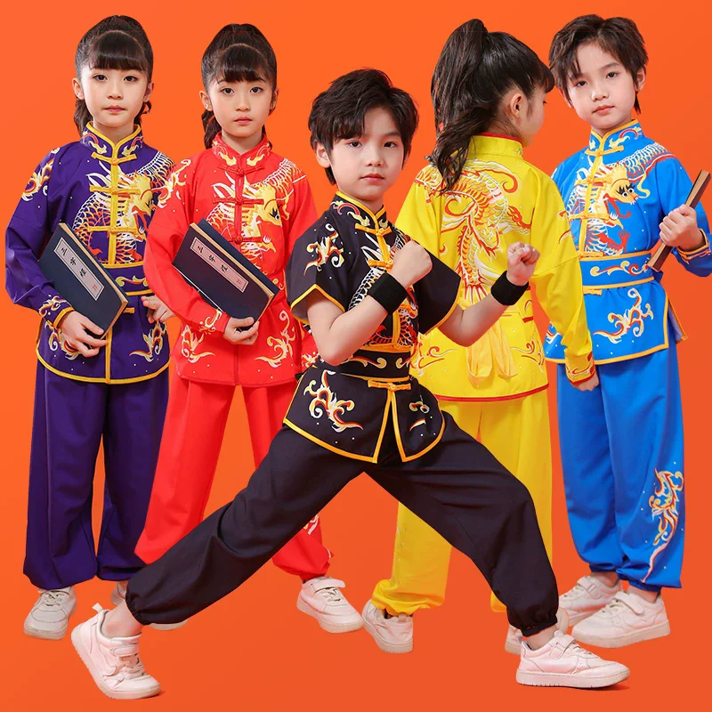 2024 chinese children tai chi wushu clothing martial arts suit kung fu uniform wing chun shaolin dragon print vintage kungfu set