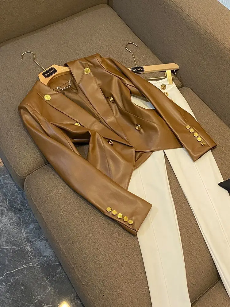 

Women's Fashion Short Jacket, PU Artificial Leather Blazer, Long Sleeve, Slim, Luxury Jackets, Female Coat, Street Autumn Winter