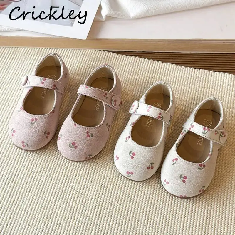 Cherry Printed Girls Flats Shoes Suede PU Leather Shallow Children Princess Shoes Sweet Soft Toddler Kids Mary Janes