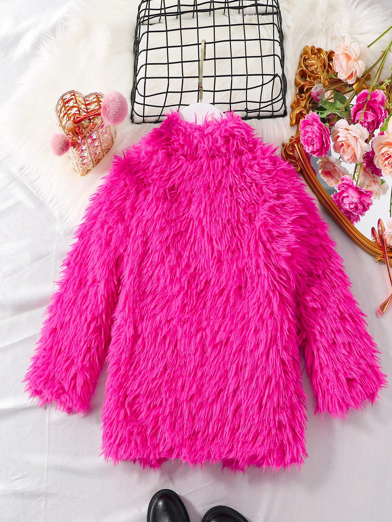 Autumn/Winter Faux Fur Solid Color Long Sleeved Top Romantic And Fashionable Big Collar Children Korean Version Cardigan Jacket