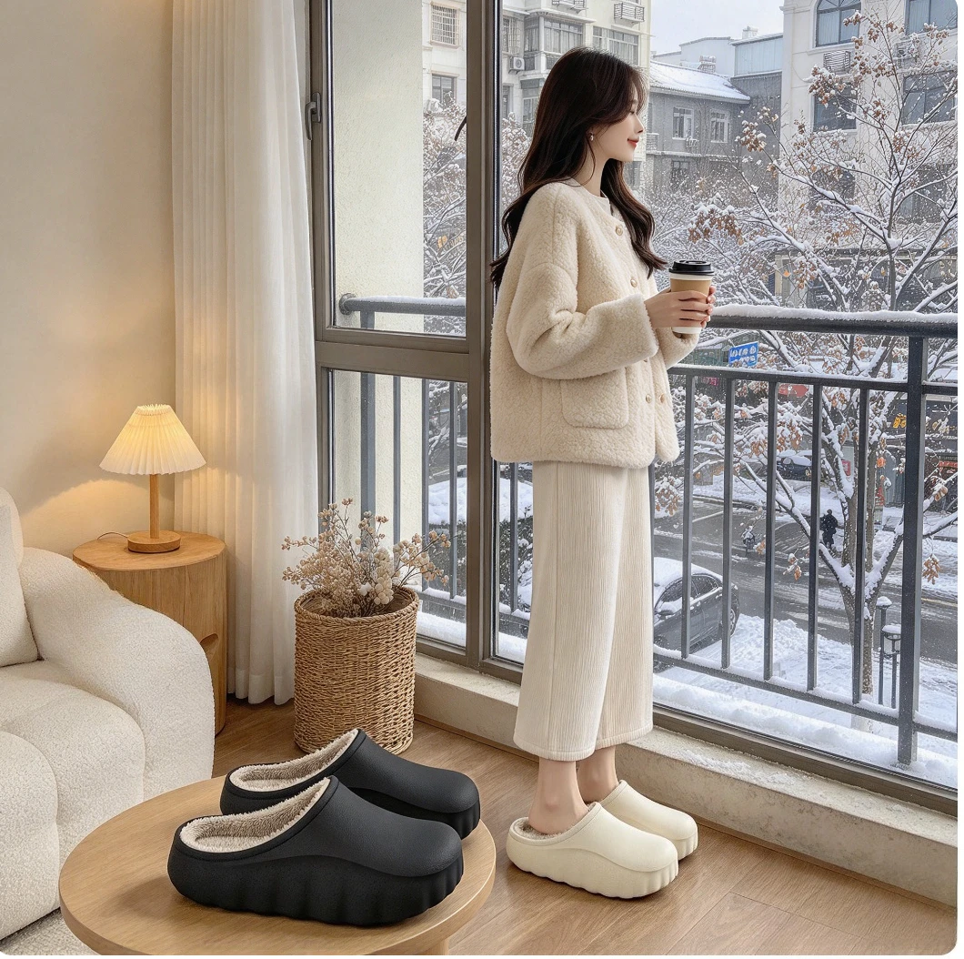 Men's and Women's Waterproof and Anti Fouling Cotton Slippers for Autumn and Winter, with Added Wool for Warmth and Anti Slip.
