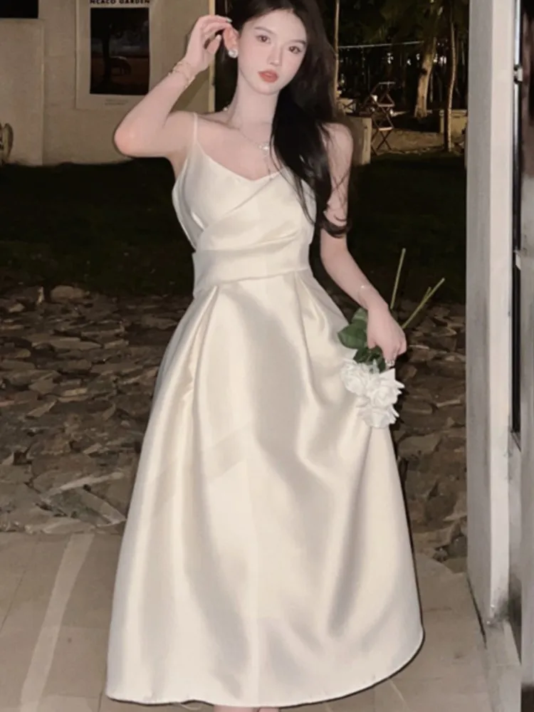 Elegant Chic Solid Folds Wedding Guest Graduation Dresses Women  Fashion Strap Corset Evening Party Dress Summer Vestidos New