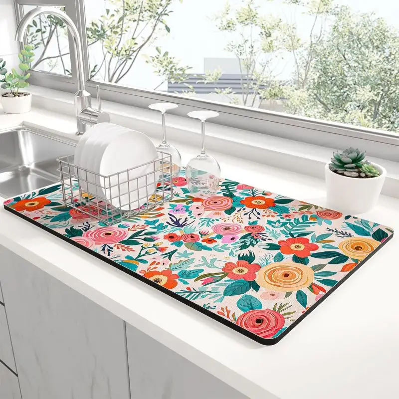 VIKAMA Vibrant Big Floral Print Dish Drying Mat Non Slip Quick Dry Kitchen Counter Pad Home Barista Coffee Station Drainage Mat