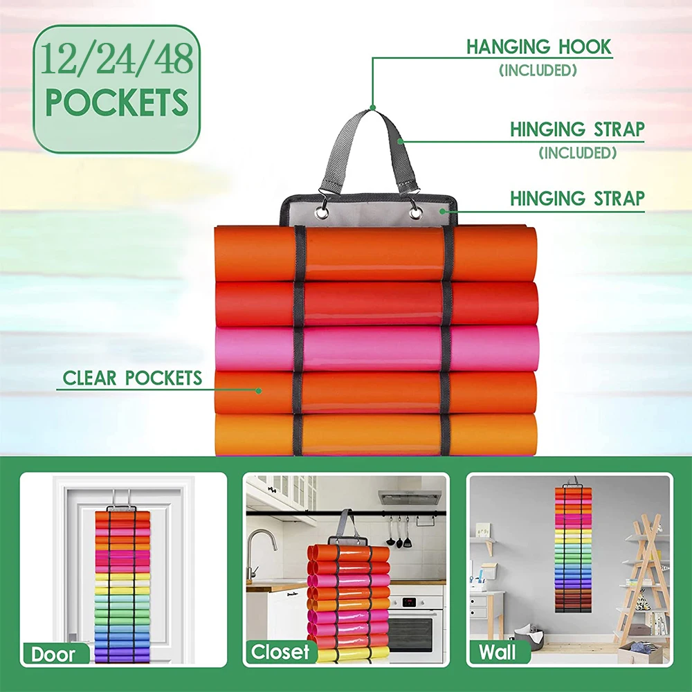 12/24/48 Grids Vinyl Storage Organizer Holder Hanging Bag Craft Vinyls Roll Storages Rack Hang Pocket Behind The Door Room