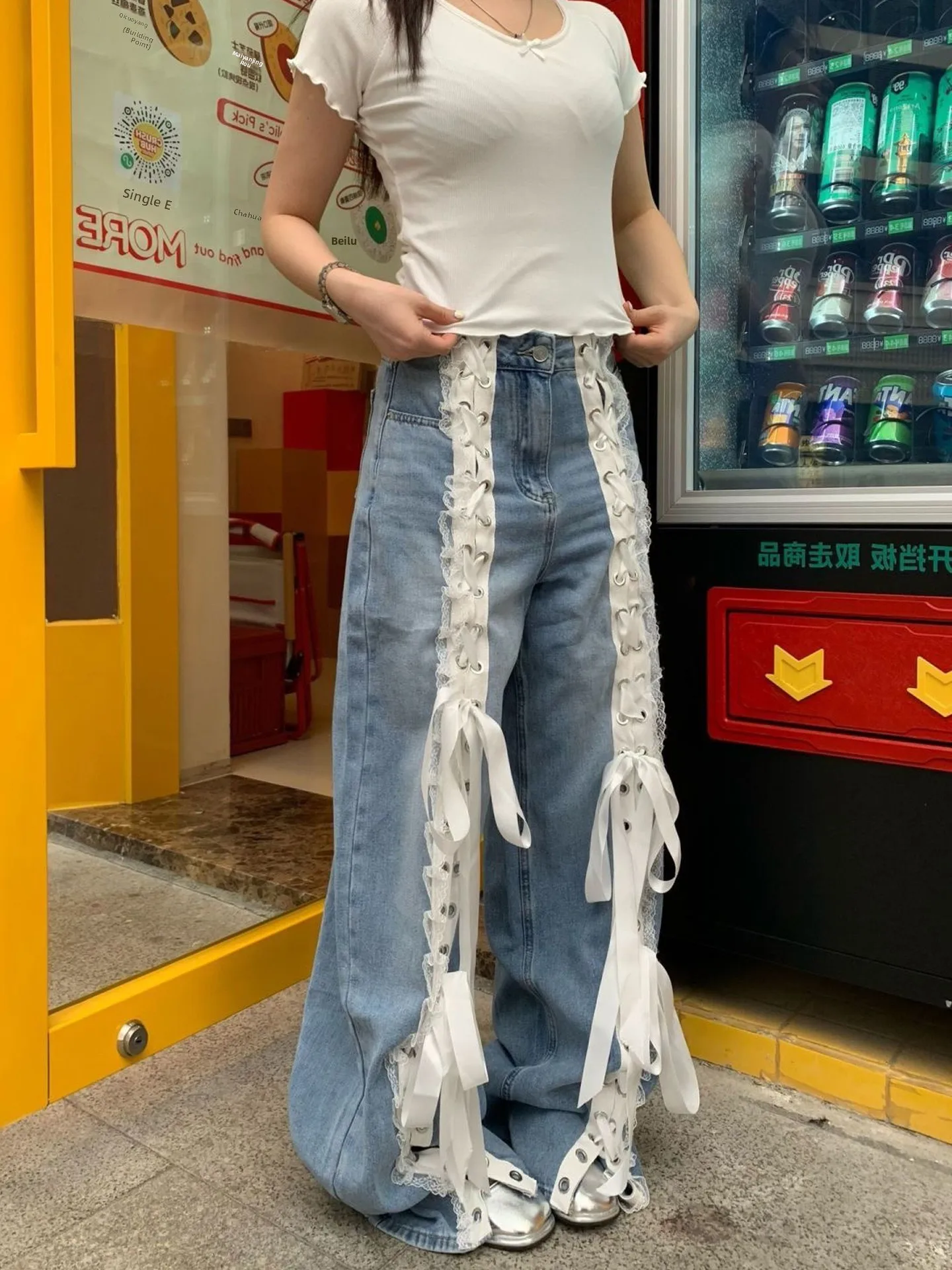 

Американские джинсы в стиле ретро с кружевным поясом, женские, летние, новые, повседневные, облегающие, длинные брюки для создания эффекта стройности