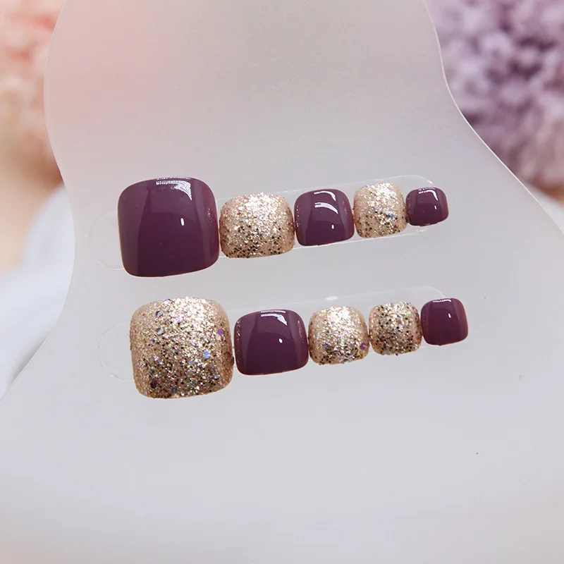 24Pcs Medium Square Toe Press on Nails - Full Coverage Purple Glitter | For Women & Girls