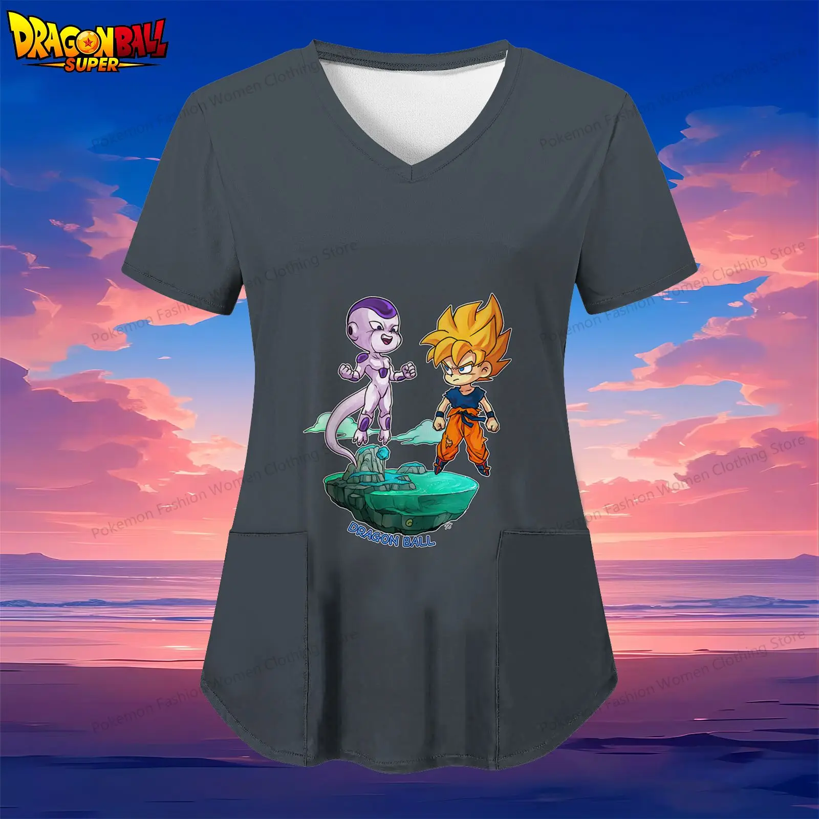 

Kakarotto Women's V Neck Nurse Uniform T-Shirt Dragon Ball Pocket Kawaii Woman Clothing S-2XL Anime Street Wear 2024 Summer Top