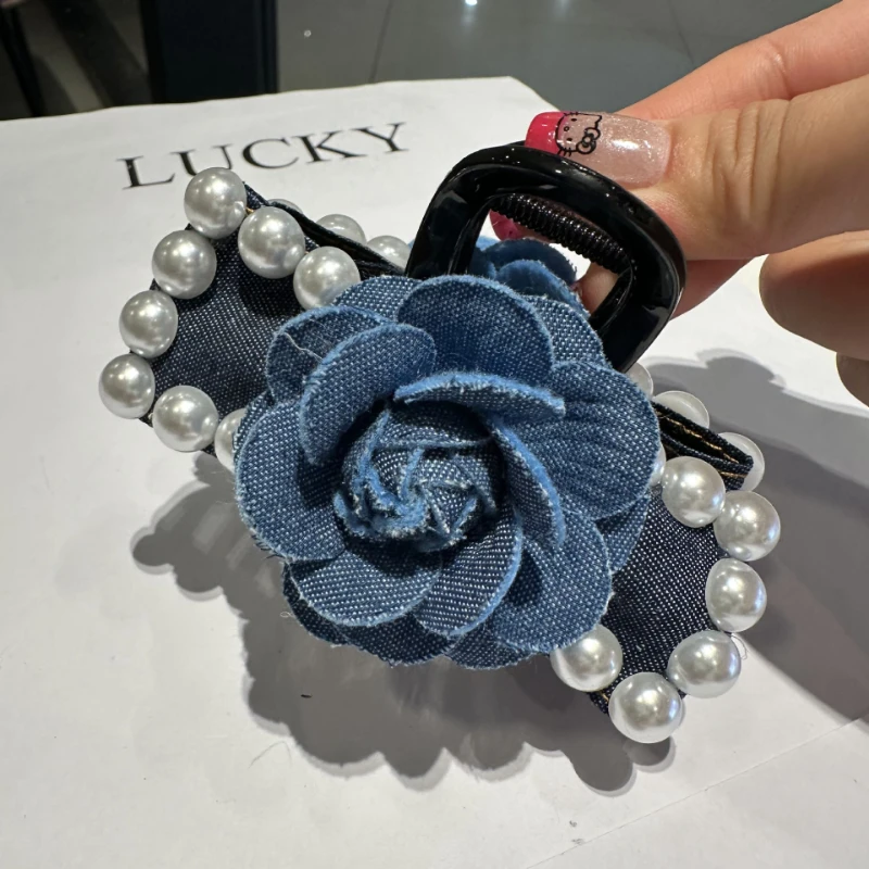 Korean Fabric Cowboy Camellia Flower Hair Claw Elegant Pearl Lace Bow Hair Clips Headwear Wedding Headpiece Hair Accessories