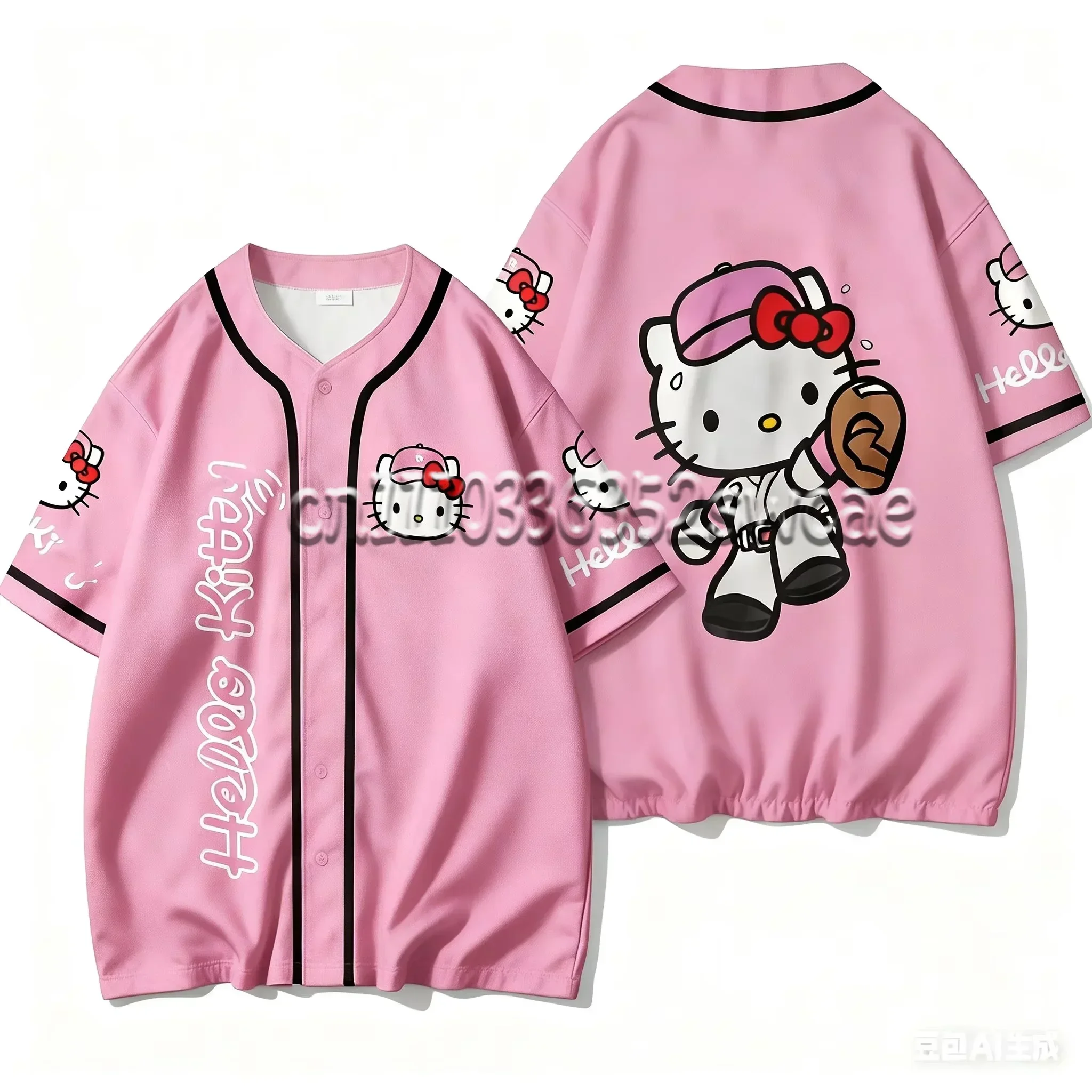 26/27 New Hot Sale Universal Baseball Short Sleeve Front Back Big Print Kitty Letter Loose Versatile Casual Top FamilyMatching