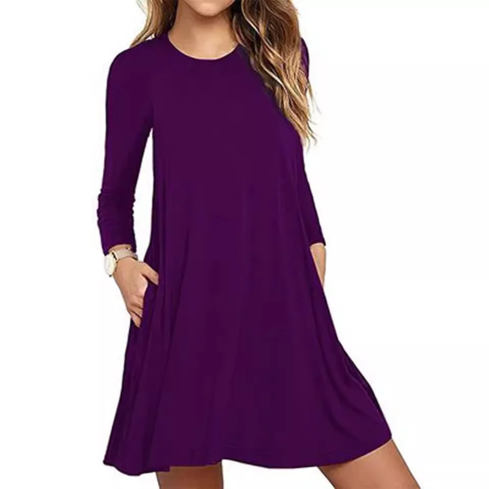 European and American style autumn new dress solid color round neck large swing pocket dress