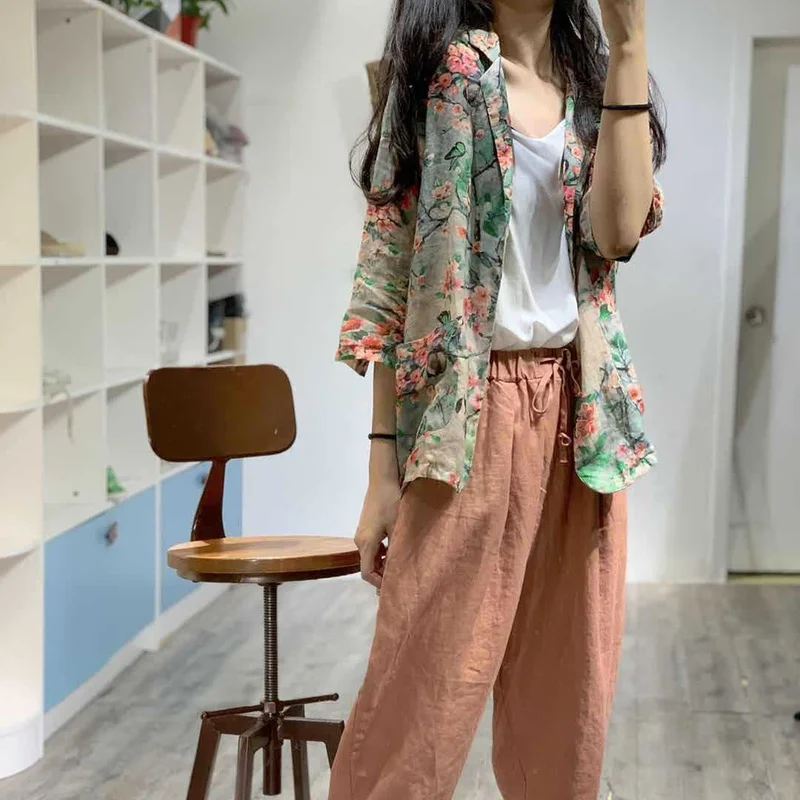 Blazers Women Print Single Button Notched Loose Elegant Stylish Casual All-match Summer Breathable Thin Cool Fashion Daily New