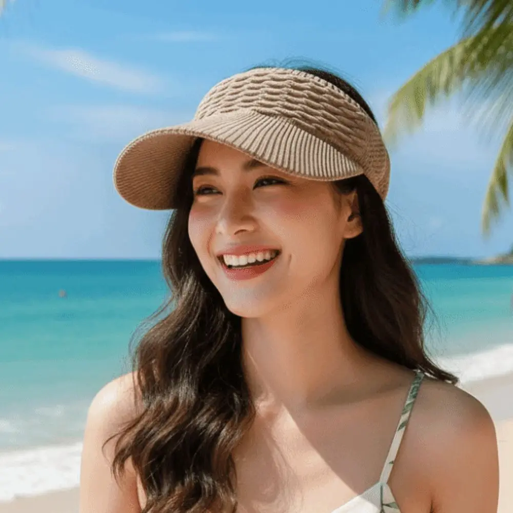 Portable Fish Scale Knitted Visor Cap Breathable Solid Color Long Brim Sun Cap Versatile Polyester Sunscreen Empty Top Hat