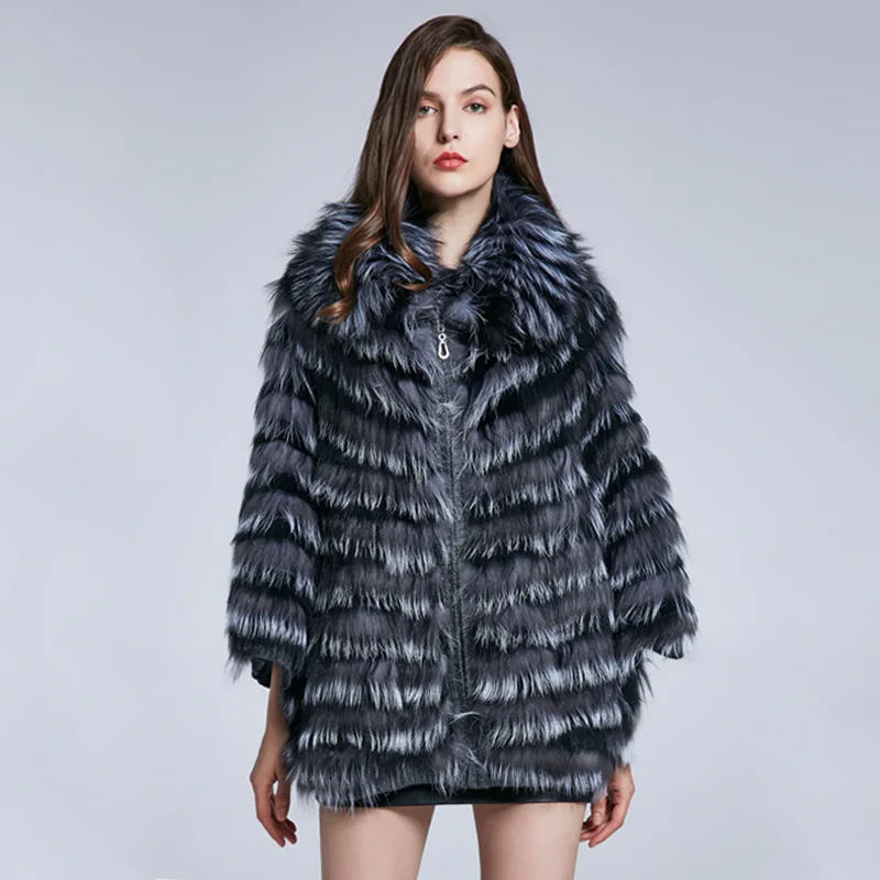 

New Fox Fur Cloak Shawl+fox Fur Collar Bat Shirt Women's Coat