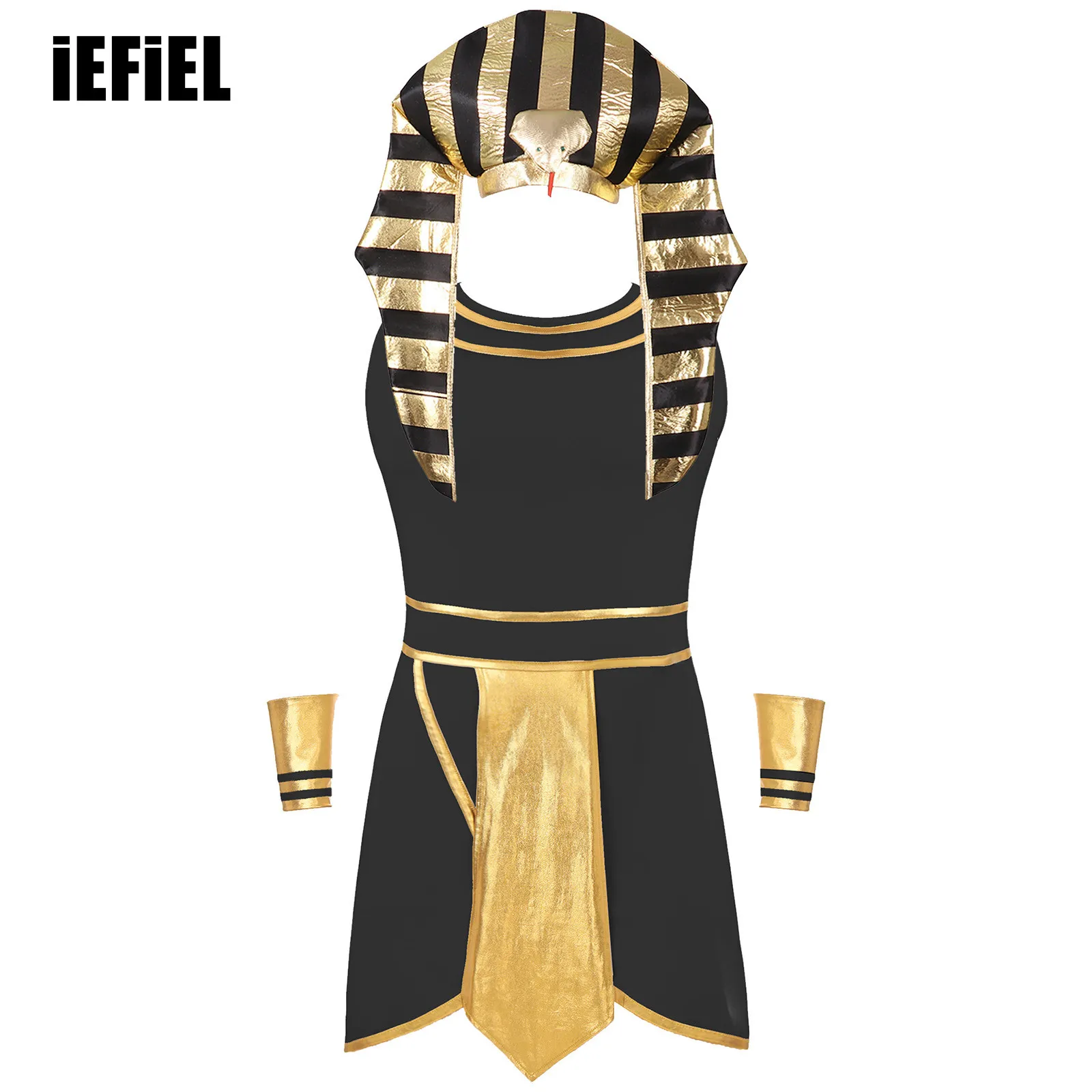 

Mens Egyptian Pharaoh Halloween Costume Set Sleeveless Contrast Color Dress with Cuffs And Snake Head Hat for Cosplay