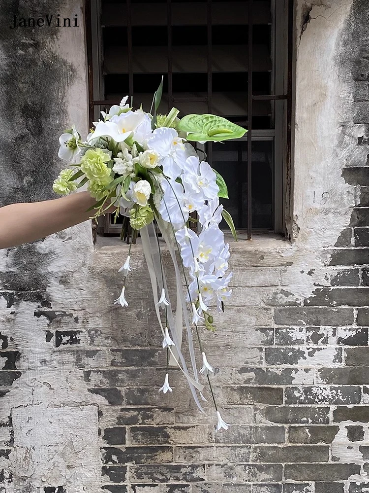 JaneVini-ramo de flores de seda en cascada para boda, ramos de polilla Artificial con orquídeas en cascada, color verde y blanco, 2024