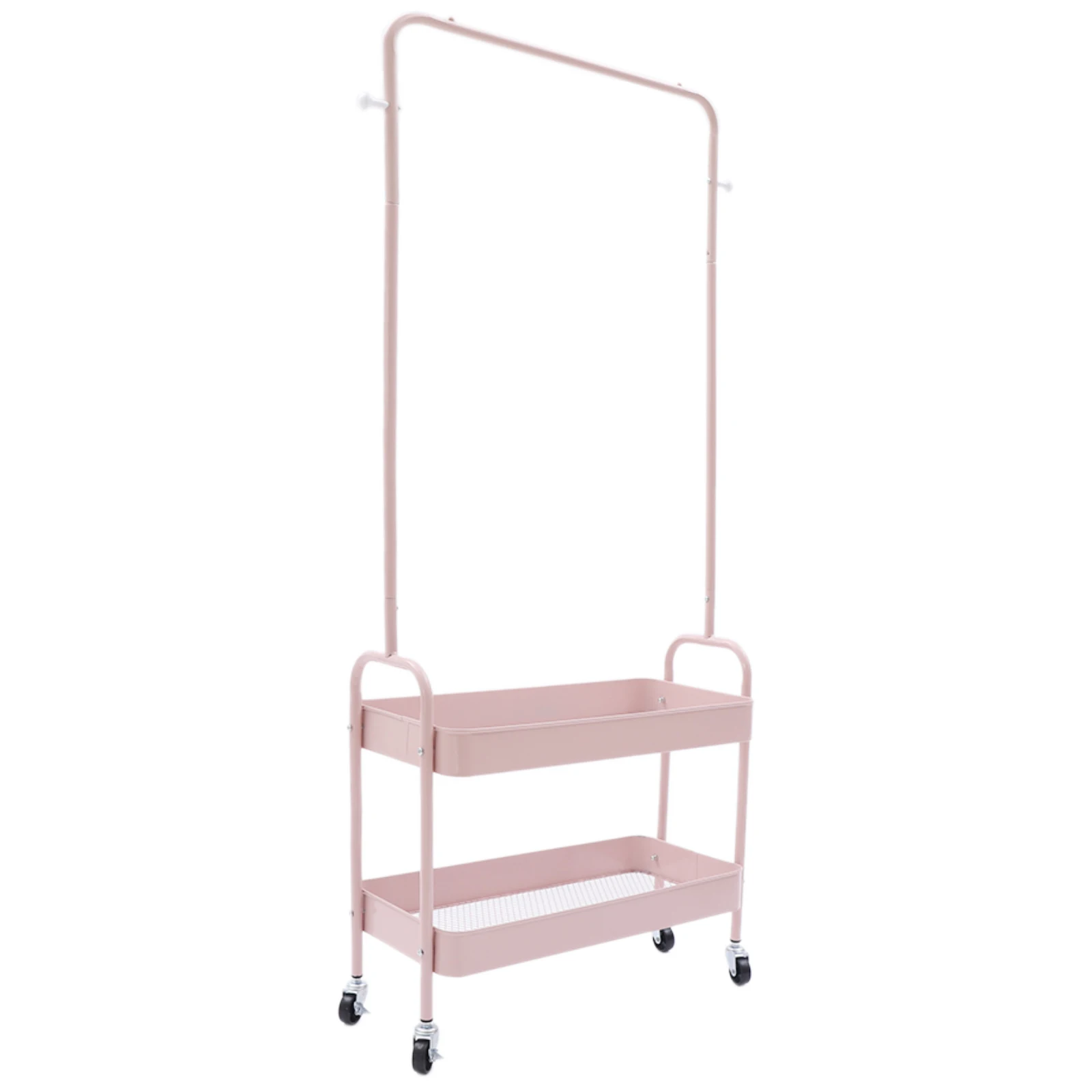 Pink Clothing Rack With Universal Wheels & Net Baskets Floor Standing Carbon Steel Clothing Rack Movable and Lockable