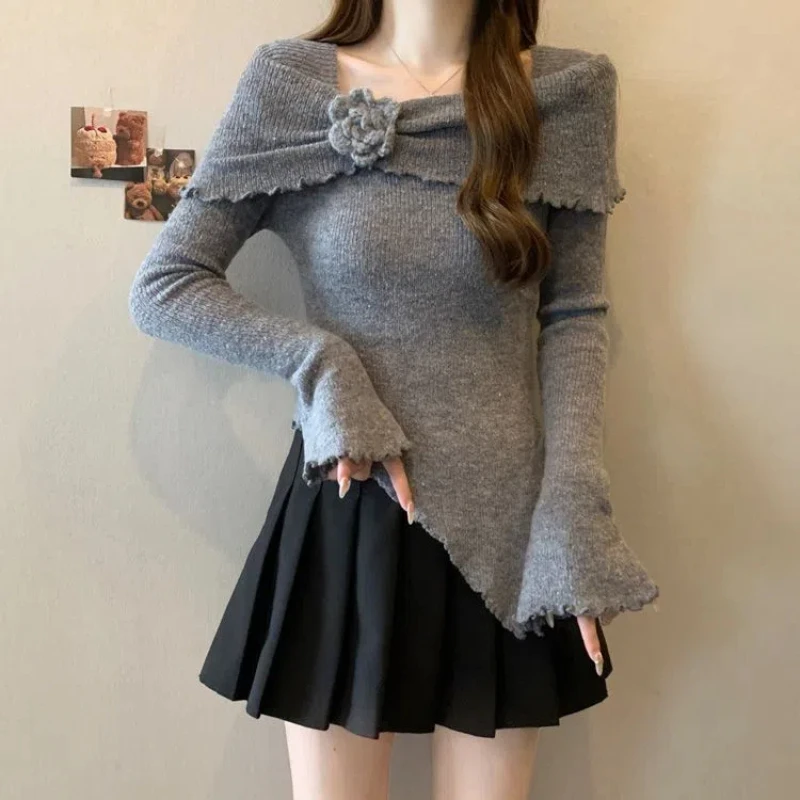 French Style Fungus Edge Three-dimensional Flower One Shoulder Sweater Women's 2024 Autumn Slim Casual Long Sleeved Knitted Top