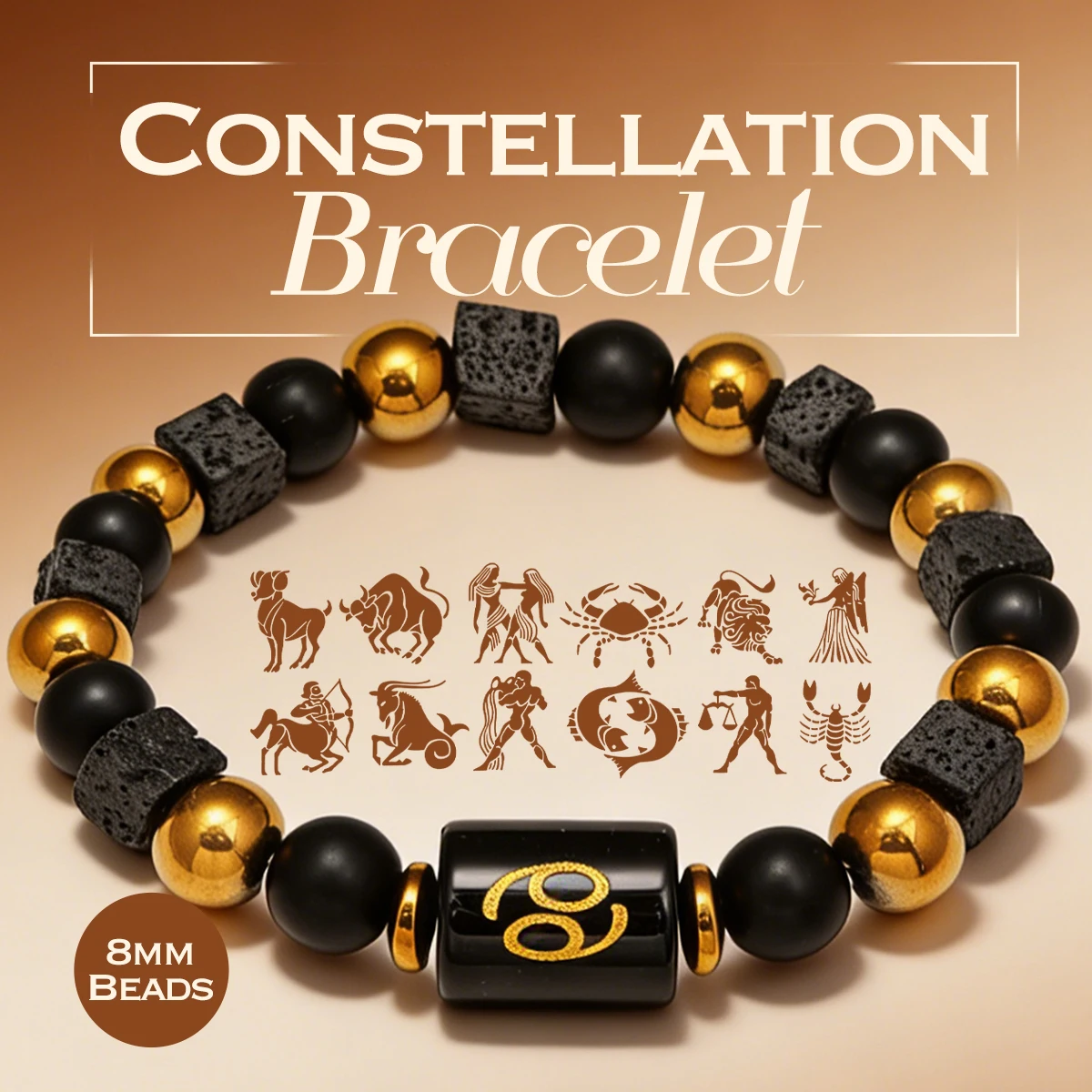 

12 Zodiac Sign Bracelet Natural Volcanic Stone & Gold Beads Energy Bracelet Men Women 8MM Healing Stone Jewelry Gift