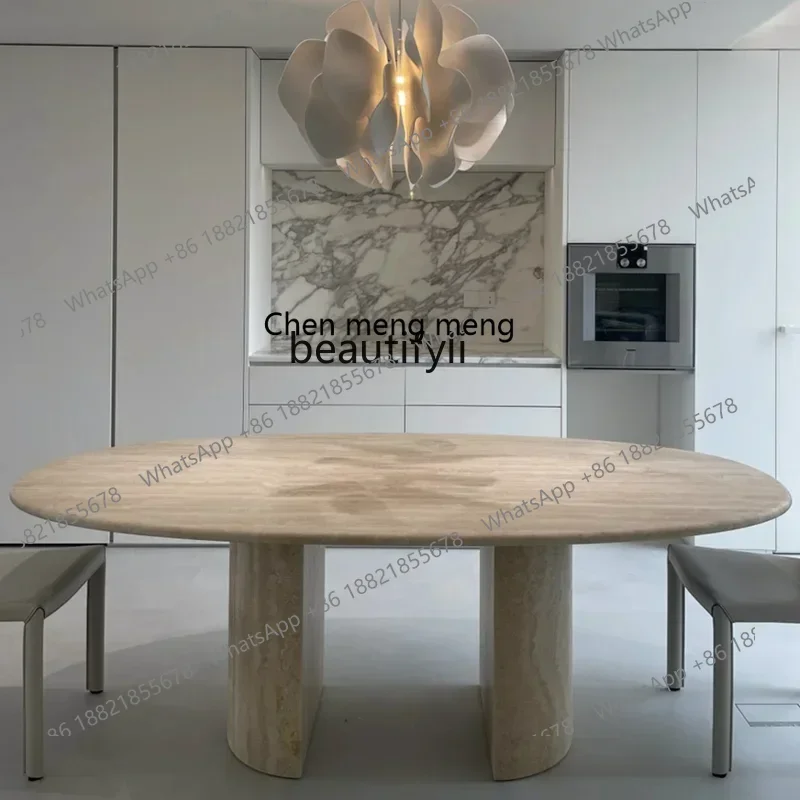 

Natural Roman travertine oval dining table in ancient times, round dining table Italian minimalist5556