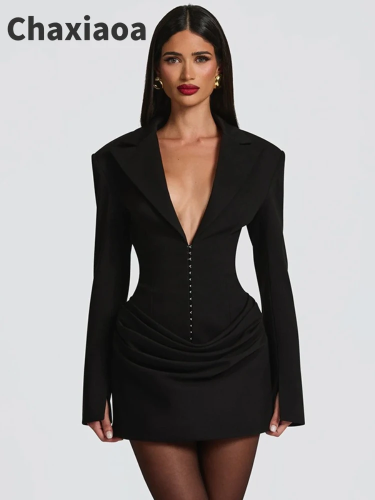 Chaxiaoa Long Sleeve Deep V Neck Ruched Sexy Mini Dress Women Autumn Winter  Fashion High Waist Club Party Blazer Dresses Female - AliExpress