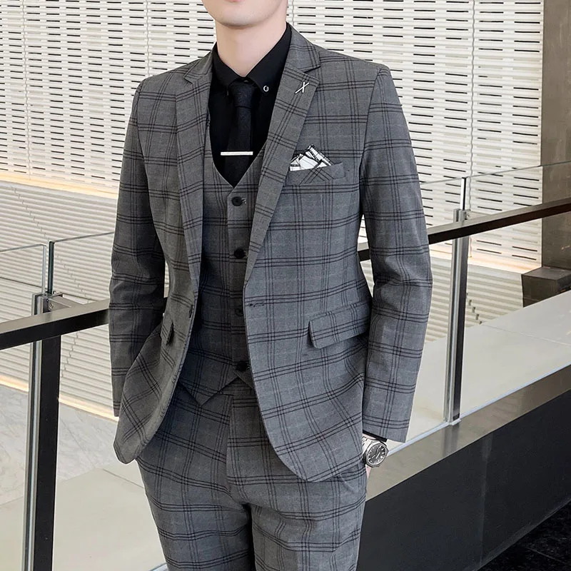

Мужской костюм-тройка Slim Fit для осени и зимы: повседневный, для свадьбы, для молодых шаферов, модный, в клетку, деловой повседневный стиль