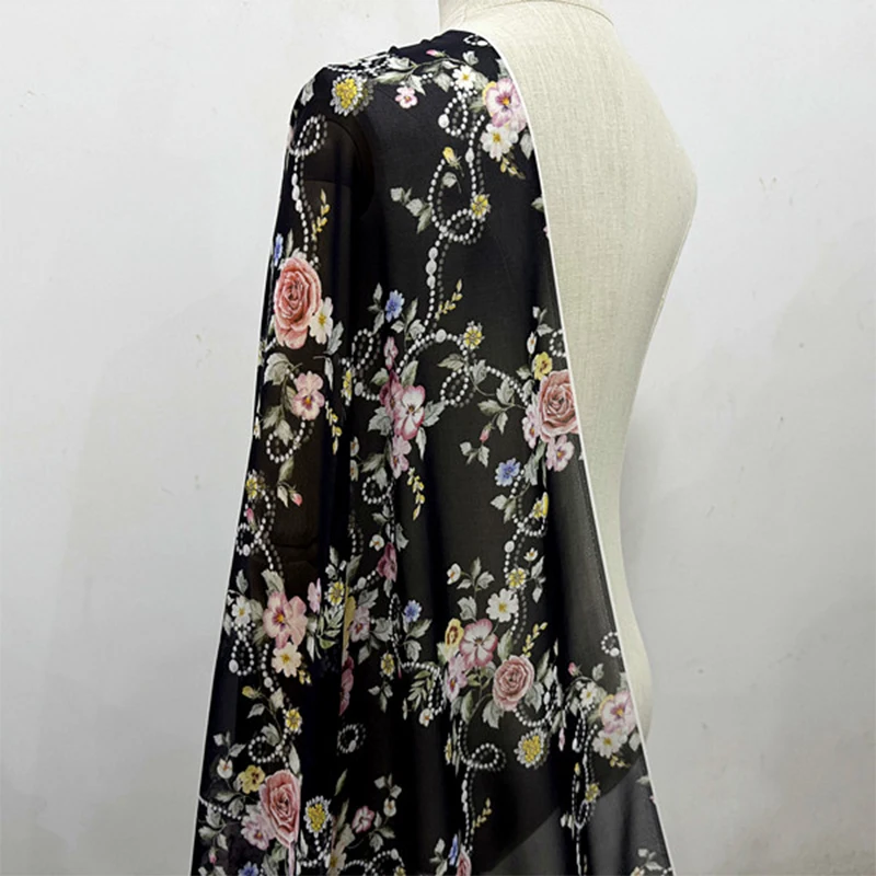 

1 meter 100% Mulberry Silk 10 momme Thin Type Georgette Silk Fabric Black Floral Printed 135cm 53" wide by the yard XL323