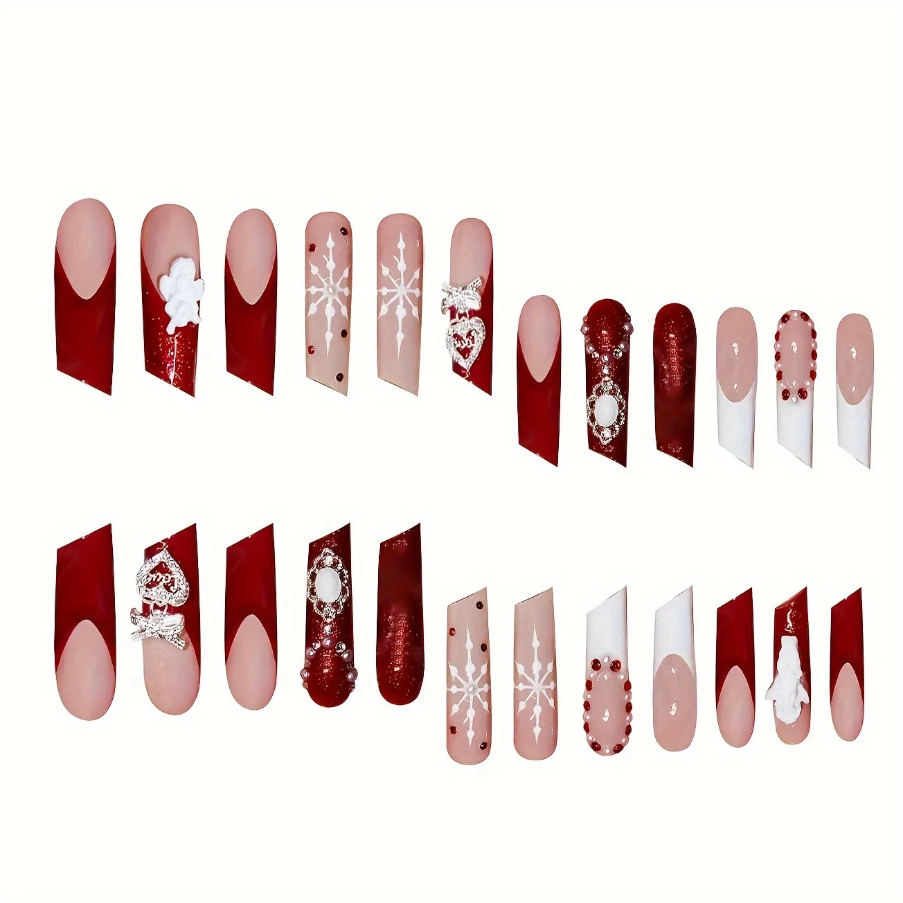 24 Uds lápiz labial largo uñas postizas prensa en uñas Navidad Flash decoración de diamante cubierta completa copo de nieve rojo uñas postizas francesas usables