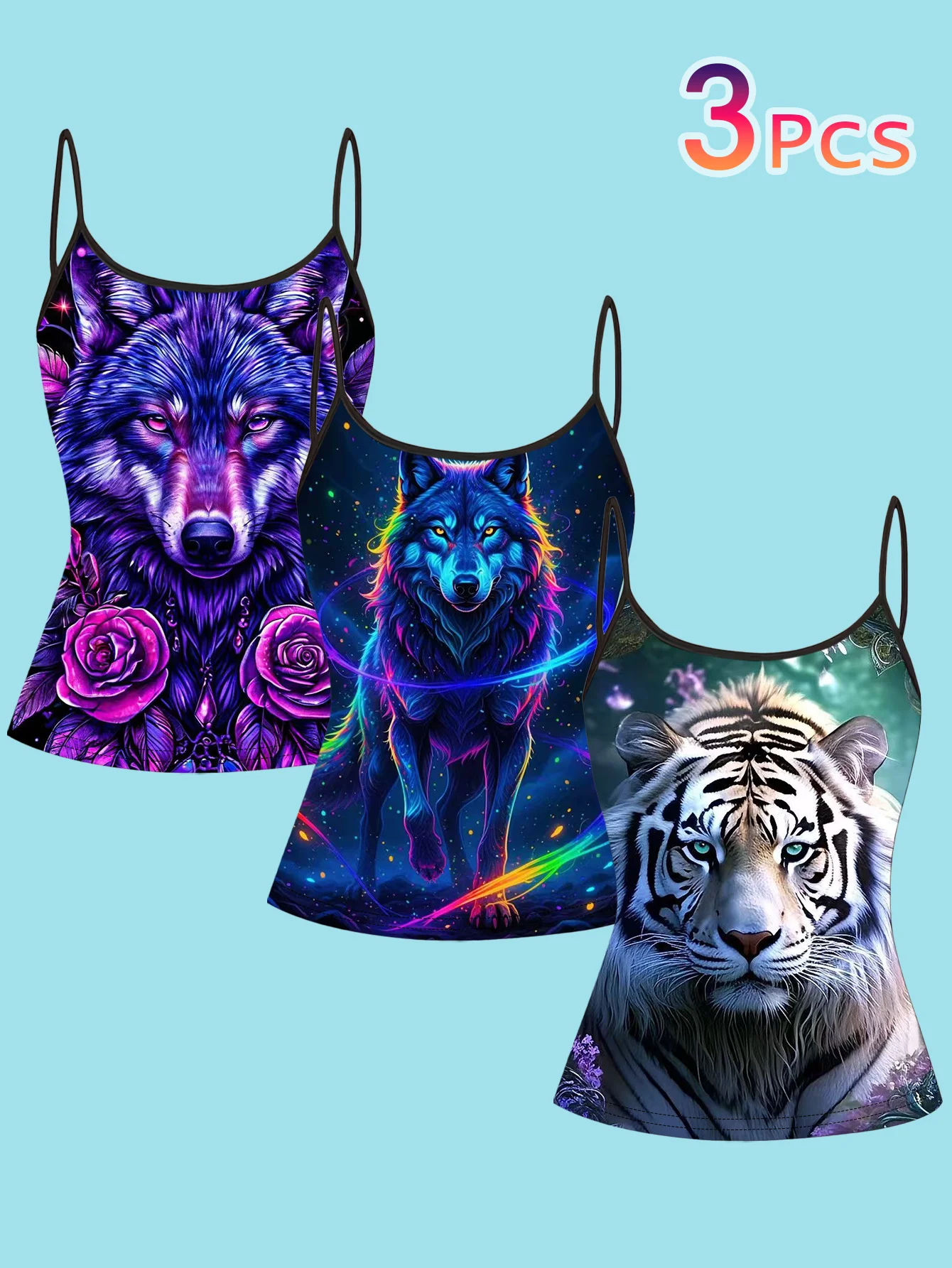 3-Piece Set of Personalized Street Style Wolf Head Print Camisole for Women, Summer Slim-Fit Spaghetti Strap Top, Unique Inner Wear