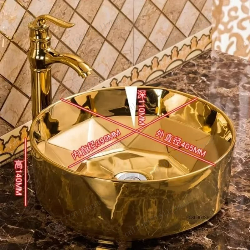 Elegant Gold-plated Ceramic Round Bathroom Basin Complete Set, Inlaid Decor with Pop-up Drain