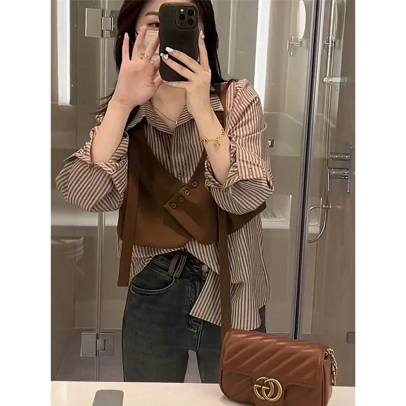Autumn New Stylish Versatile Long Sleeve Shirt Two Piece Trendy Striped Fashion Top