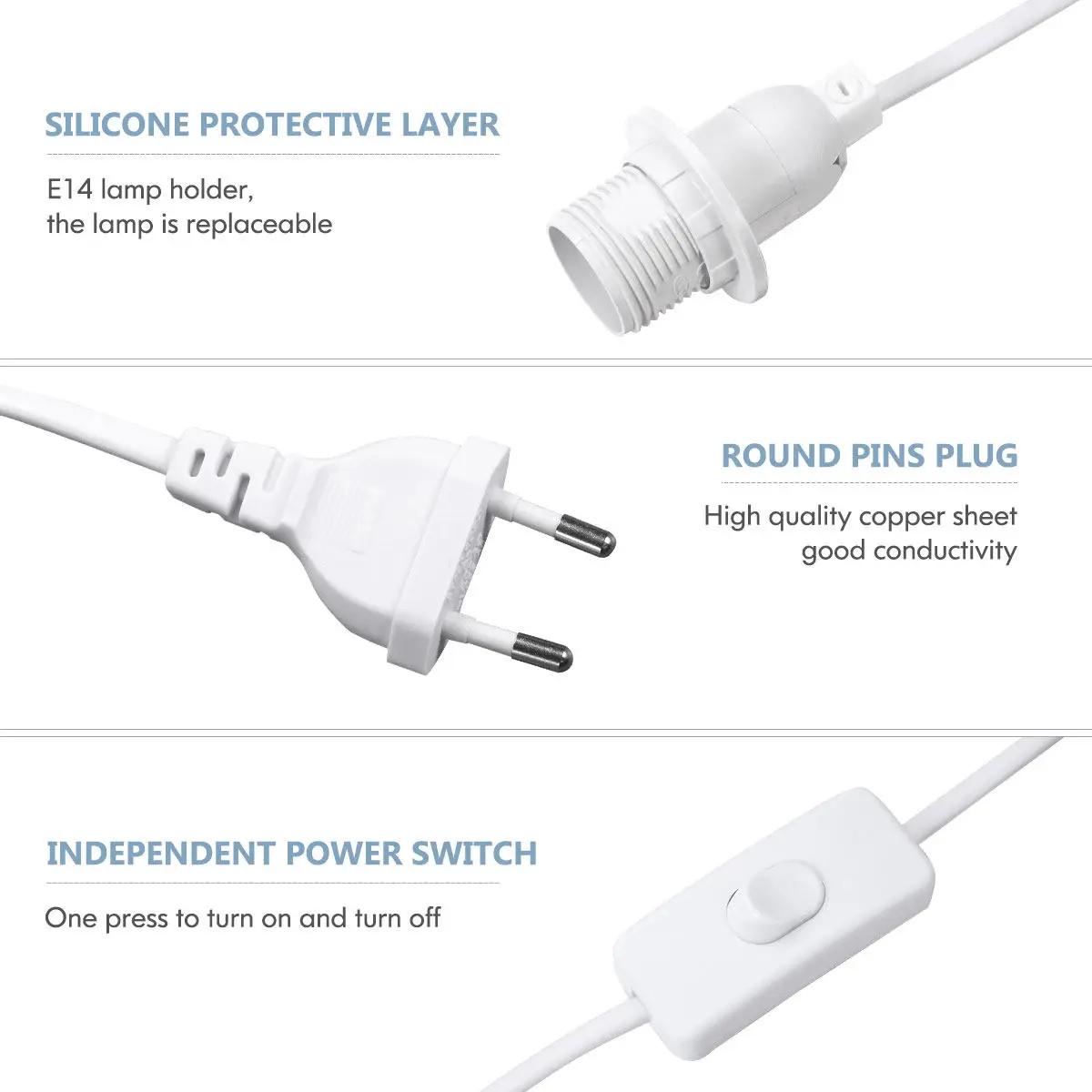 E14 Socket Power Cord 180cm Double Round Plug Switch Extension Cable for Home Party Wedding Outdoor Lighting