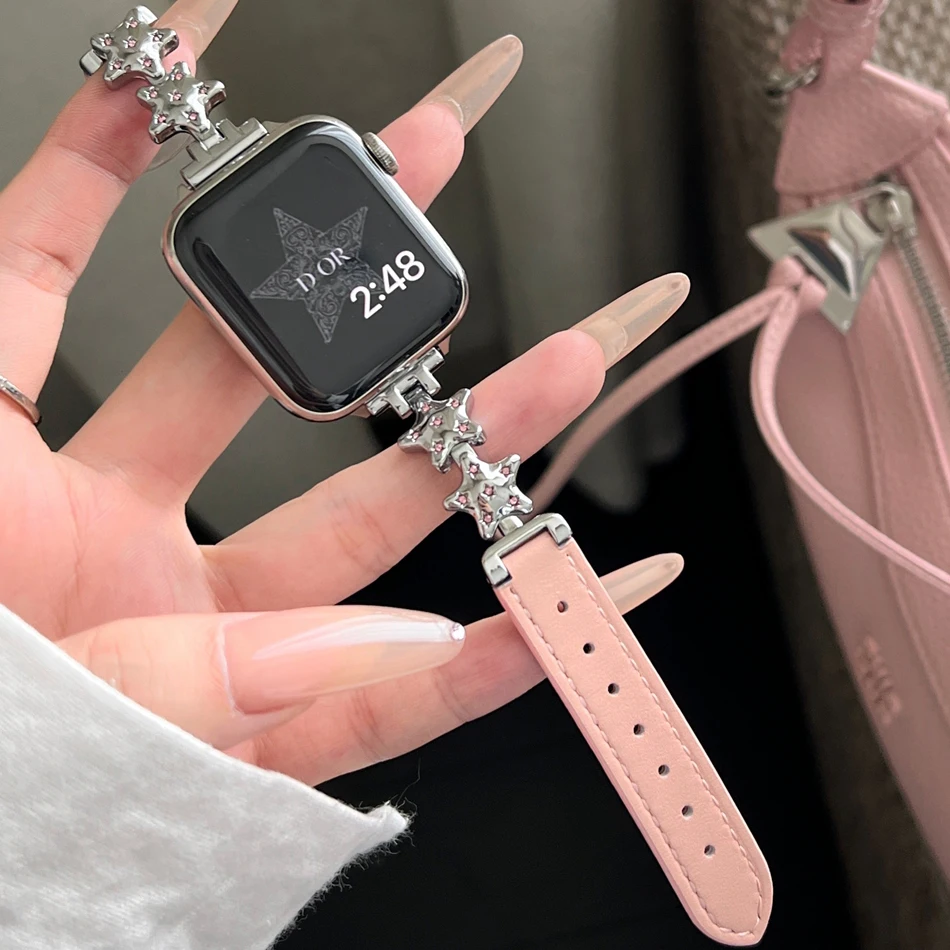 Luxury Metal Diamond Star Leather Strap For Apple Watch Band S10 9 8 7 6 SE 5 38/40/41/42/44/45/46/49mm IWatch Ultra 2 Bracelet